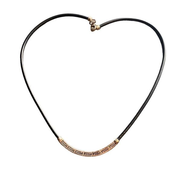 Greek Key sterling silver choker on a black rubber cord silver clasp marked - Picture 2 of 7